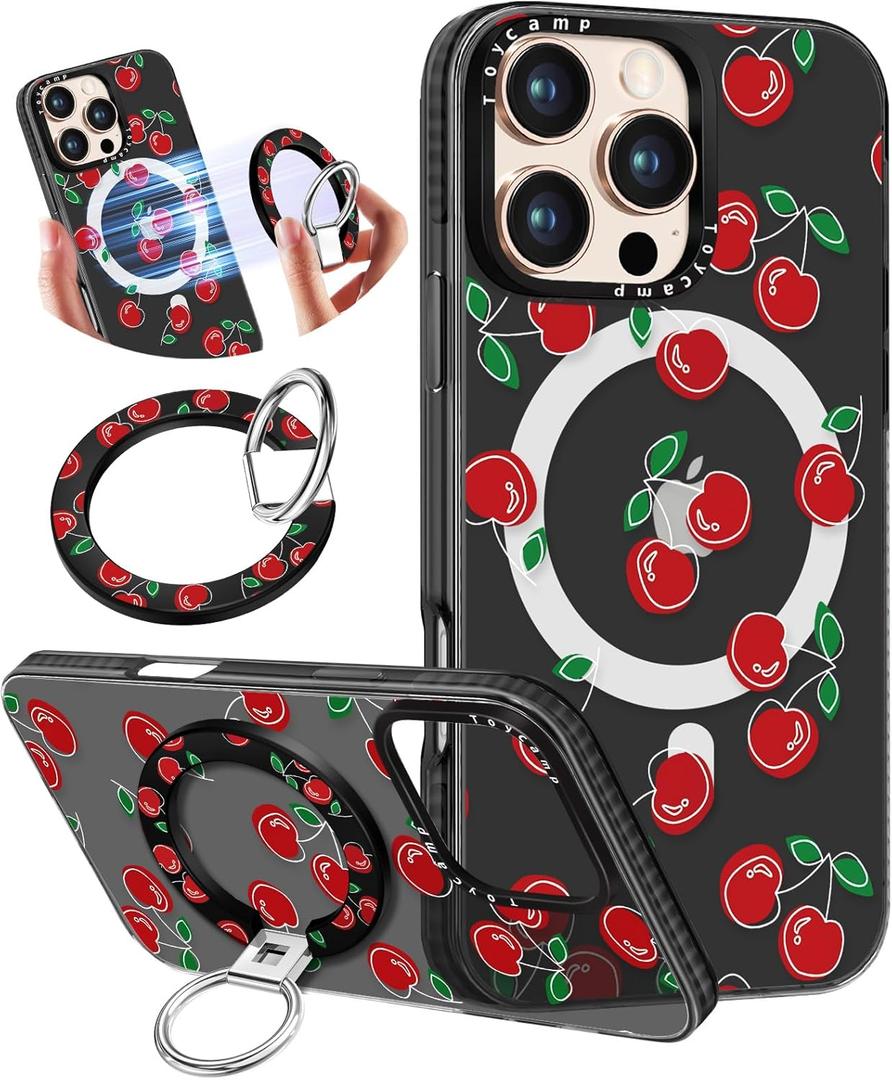 Toycamp for iPhone 16 Pro Max Case Compatible with Magsafe - Cute Design 360 Magnetic Ring Holder Stand Kickstand Funny Cherry Girly Pretty Fashion TPU Phone Covers for Women Tenn Girls