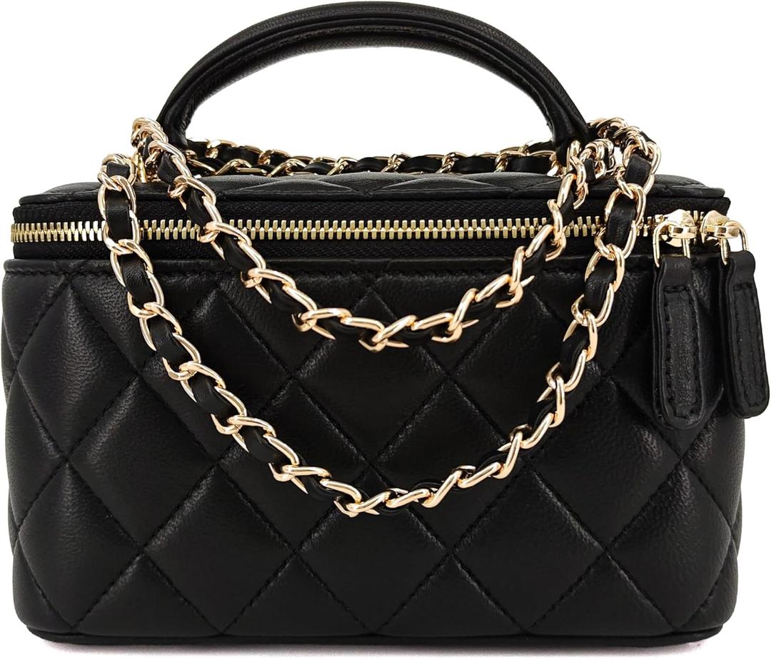 M-ioi-M Small Genuine Leather Purse Quilted Crossbody Bag for Women, Mini Top-Handle Shoulder Handbag w/Gold Chain Strap (Black (Fixed Strap))