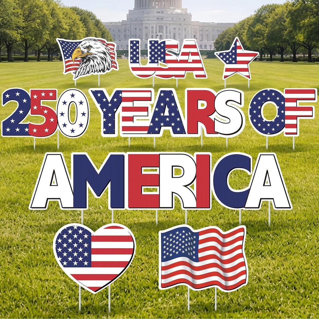 RattanView 12 Pcs Large 250th Anniversary Yard Signs Decoration 4th of July 250th Patriotic USA Flag Eagle Lawn Decoration with Stakes for 1776-2026 Commemorative Outdoor Decor