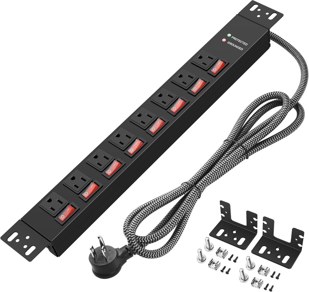 Rack Mount Power Strips,8 Outlet Strips with Individual Switches, PDU Power Strip for Server Racks, 14AWG Heavy-Duty Braided Extension Cord,15A 125V 1875W (10 FT Cable)