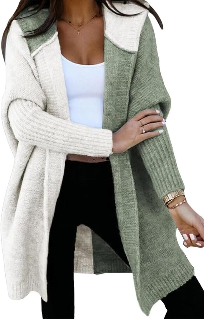 Astylish Women 2026 Fall Outfits Open Front Long Sleeve Hooded Knit Cardigan Sweaters Color Block Outwear Coats (Large, Green)