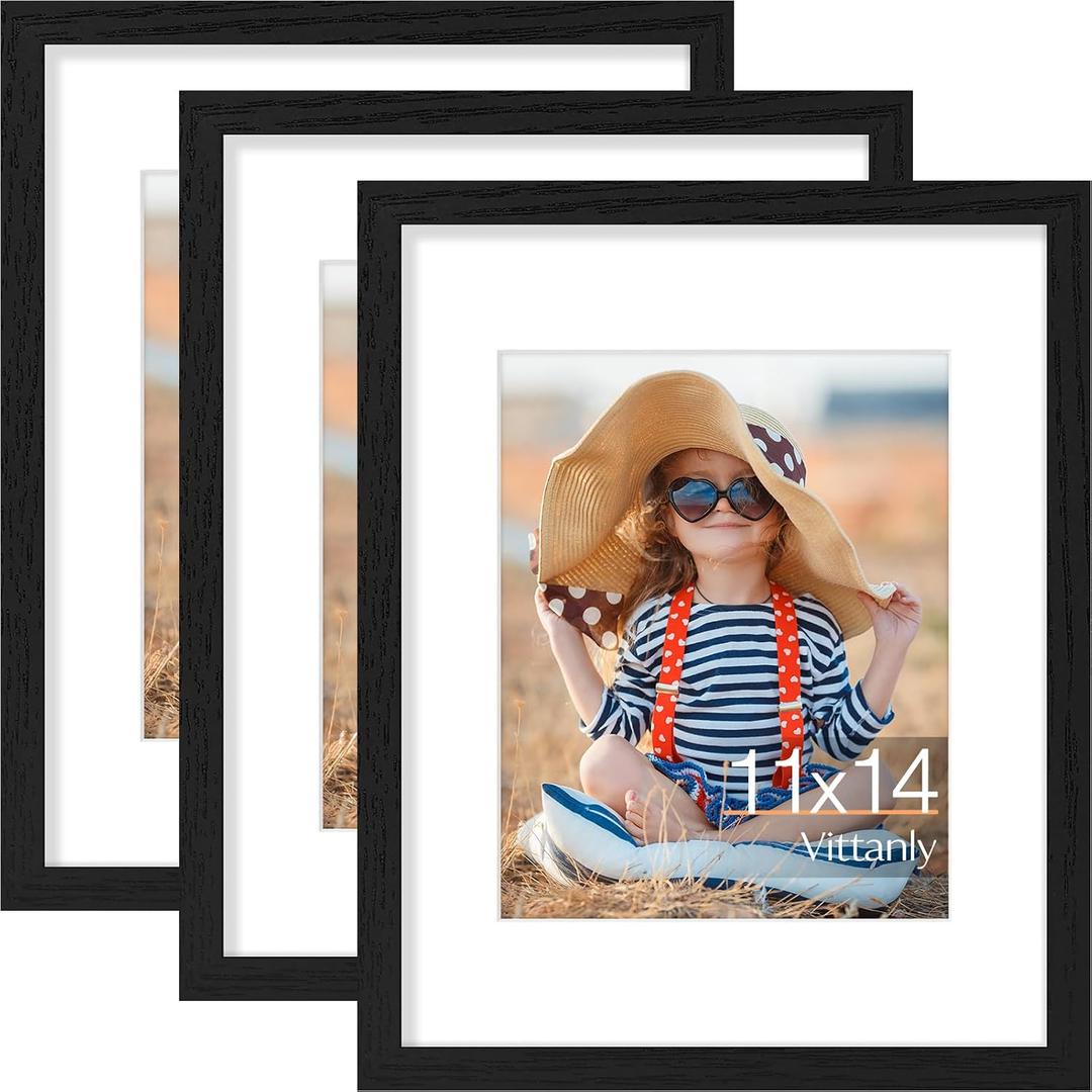 Vittanly 11x14 Picture Frame Set of 3, Display Pictures 8x10 with Mat or 11x14 without Mat for Wall Mounting, Photo Frames for Home Decor, Engineered Wood, Black