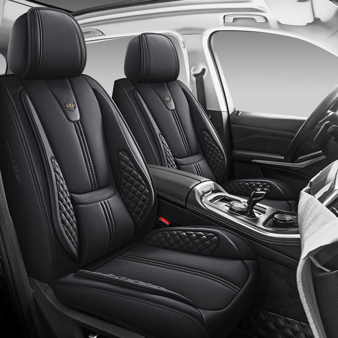 Car Seat Covers Full Set, Black Seat Cover for Cars Compatible Airbag, Easy Install Luxury Leather Automotive Seat Covers with Lumbar Support, for Car, Truck, SUV, Black