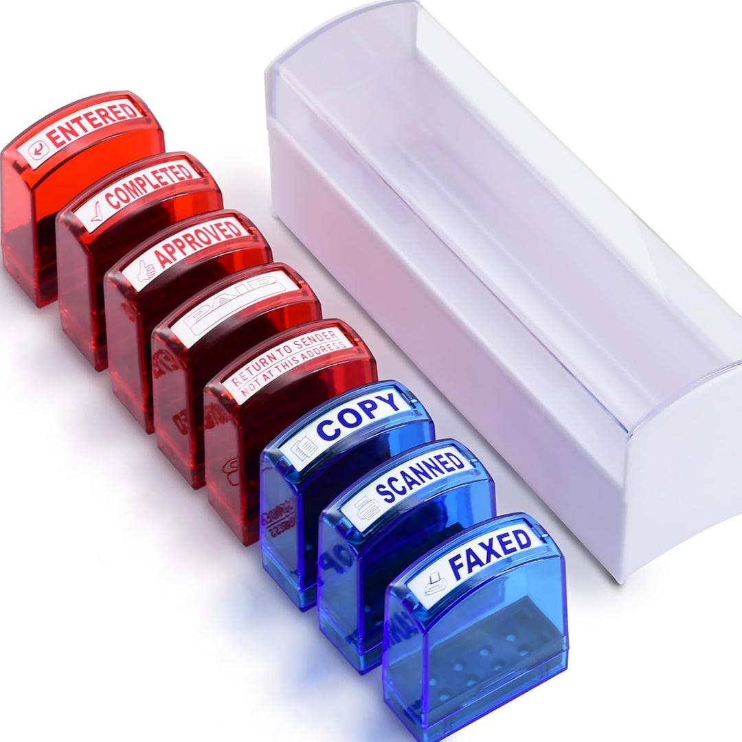 8 PCS Office Stamps Self Inking Set for Copy Scanned Paid Approved Completed Faxed Entered Business Stamps with Tray for Office Stamp Set Message Stamper Account Stamp Paper Work Stamps