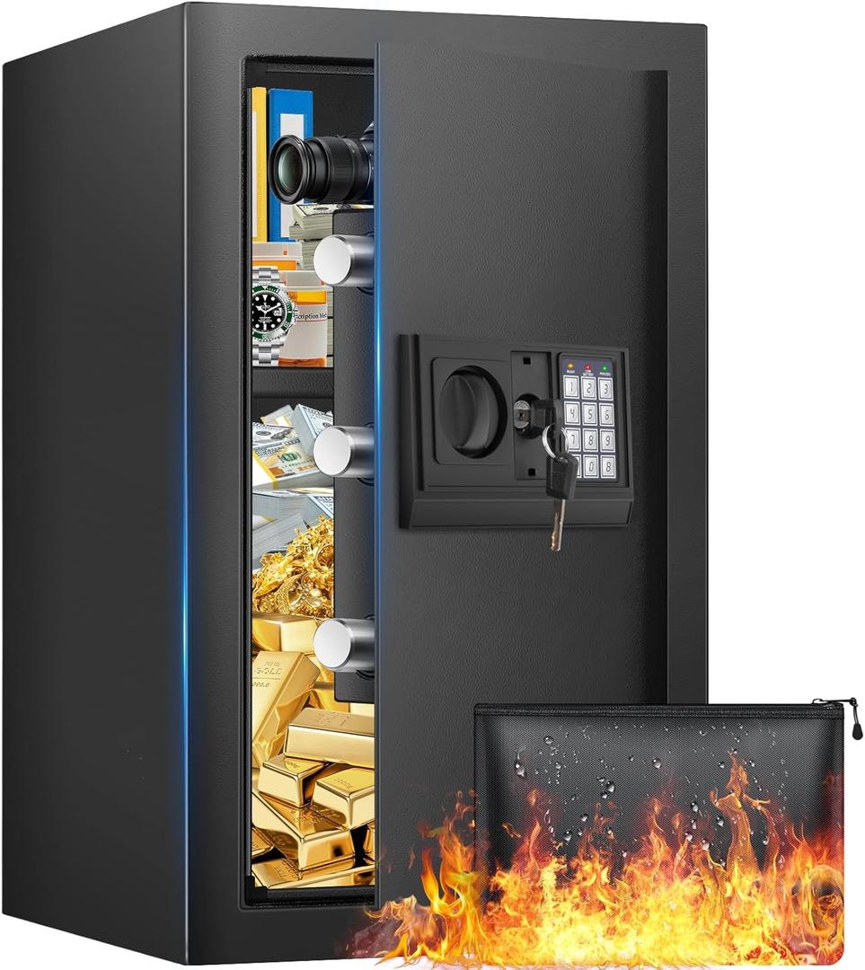 19.69 Inches Tall Safe Box, 3.3 Cuft Home Safe with Fireproof Waterproof Bag, Anti-Theft Digital Security Lock Box with Smart Alert System, Removable Shelf, Mute Function, Document Safes for Jewelry