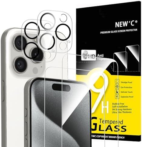 NEW'C 20 Pack, 10 Pack for iPhone 15 Pro Screen Protector (6.1 inch) + 10 Pack Camera Lens Protector, Sensor Protection,Case Friendly Tempered Glass Film