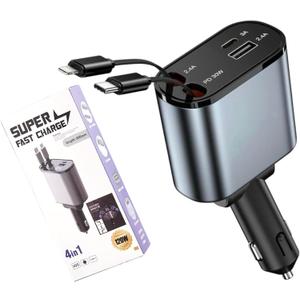 4-in-1 Retractable Car Charger USB Type C Cable - 120W Fast Charging Adapter with Dual USB Ports & Retractable Cable, Compatible with iPhone, Samsung Galaxy and Pixel Phones.