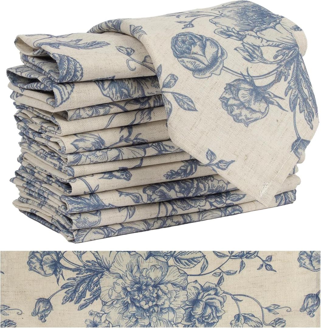 Blue Floral Cloth Napkins Set of 12, Vintage Linen Cotton Dinner Napkins 15x15 Inch - Reusable, Cottagecore Aesthetic Party Decorative Napkin Towels for Everyday Use, Weddings, and Holiday