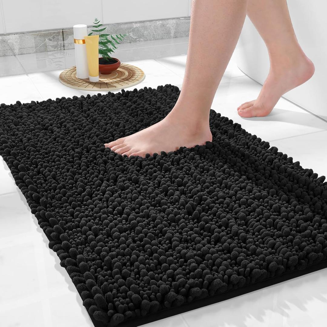 Yimobra Bath Rug Mat, 32" x 20", Soft Shaggy Non-Slip Chenille Bathroom Rugs, Large Size, Super Absorbent and Thick, Machine Washable Bathroom mat, Tub and Shower, Home Decor Accessories, Black