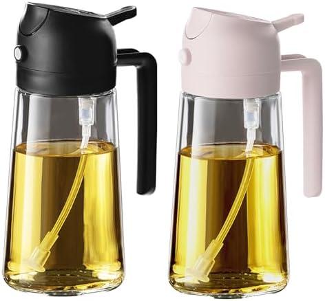 TrendPlain 16oz/470ml Glass Olive Oil Sprayer for Cooking – 2 in 1 Olive Oil Dispenser Bottle for Kitchen Gadgets and Air Fryer Accessories, Salad, BBQ - Black & Peach