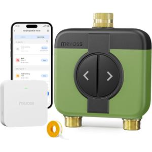 Meross WiFi Water Timer for Garden Hose, 2 Zone WiFi Hose Timer with Brass Inlet and Outlet, WiFi Sprinkler Controller, Rain Delay, Smart Water Valve for Garden, Lawn & Yard, Remote & Voice Control