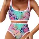 Herseas Women's Bikini Sets Floral Print Whip Stitch 2 Piece Swimsuits High Waisted Scoop Bathing Suits (X-Large, Colorful Leopard)