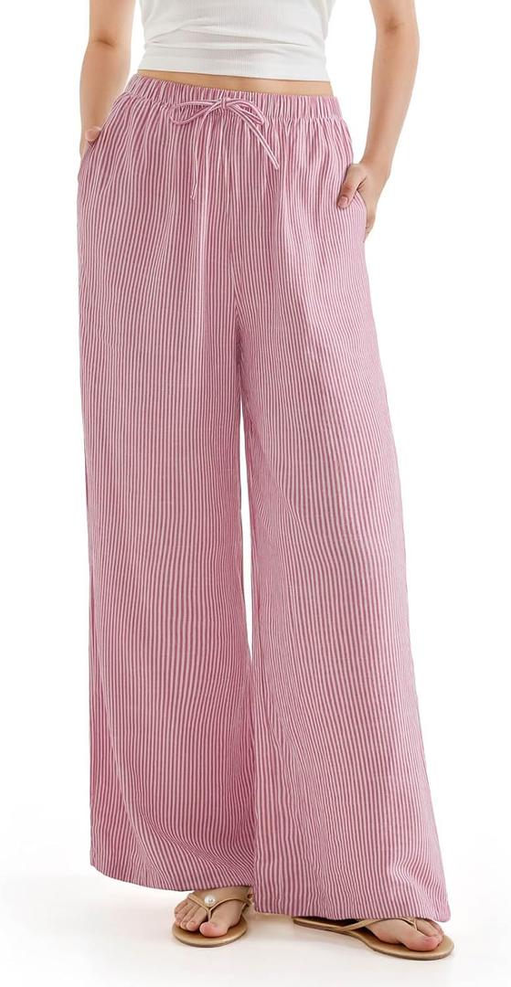 SUUKSESS Women Wide Leg Linen Pants with Pocket High Waisted Lounge Palazzo Pant (Large, Striped Crimson)