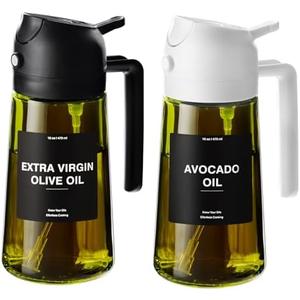 CXINYI - 16oz/470ml Olive Oil Dispenser for Kitchen with Stickers - 2 in 1 Olive Oil Sprayer for Cooking, Air Fryer, and Salad, Black&White (Light-Proof Kitchen Gadget)