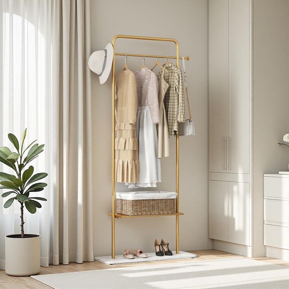 KaKaBB Gold Clothing Rack with Shelves, Coat Racks Freestanding with Marble Base, Clothing Rack for Hanging Clothes, Gold Garment Rack for Boutiques, Bedroom (2 tier, 31.5")