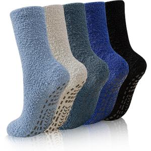 Mens Fluffy Socks With Grips Mens Slipper Socks Non Slip Winter Warm Extra Thick Plush Cabin Home Sleeping Socks (S)