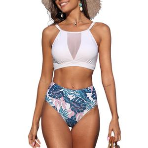 ZAFUL Women's Sheer Mesh Bikini Set High Waisted Tummy Control 2 Piece Tankini Swimsuit Bathing Suit(AG-White,M)
