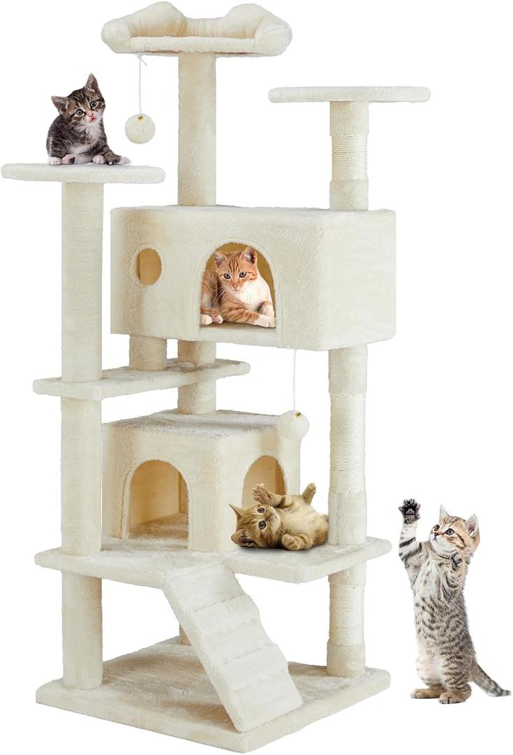 DUMOS 54-inch Indoor Cat Tree Tower Multi-Level Pet House for Large Cats with 2 Condos, Scratching Posts, Round Platform, Small Ladder, and Toys, Beige