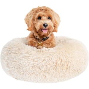 Calming Donut Dogs Beds for Small Dogs Washable,23inch Plush Round Pet Bed for Cozy Sleep,Fluffy Faux Fur Large Cat Bed,Fits up to 25 lbs Pets,Beige