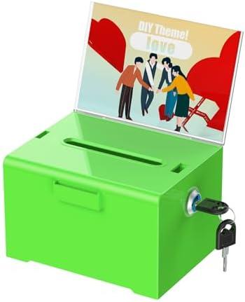 Uniclife Acrylic Donation Box with Lock and Sign Holder Green Ballot Box with Slot Plastic Suggestion Boxes Tip Jar Cash Storage Container Drop Chest for Fundraising Voting Raffle, 6.2" x 5" x 4"