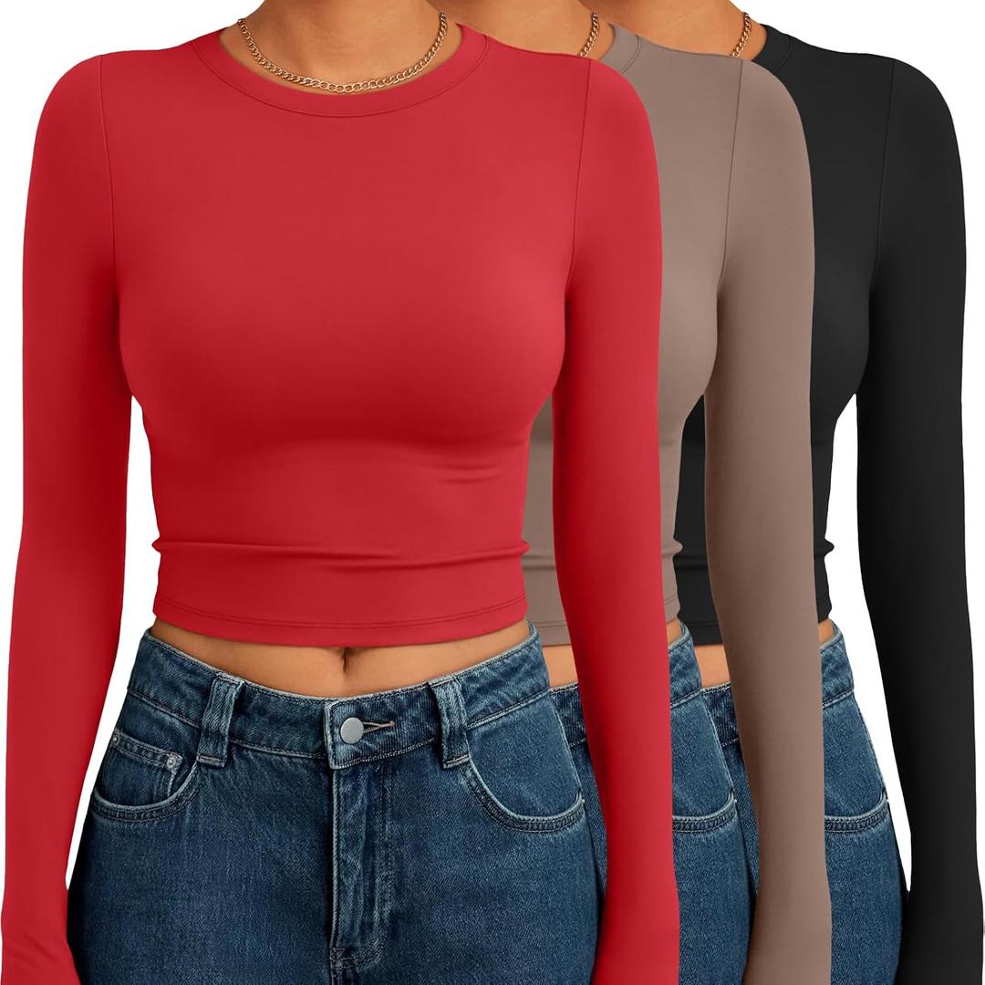 AUTOMET 3 Pack Womens Long Sleeve Shirts Y2K Going Out Crop Tops Cute Basic Slim Fitted Fall Fashion Outfits 2026 Clothes, X-Small, Redcoffegreyblack