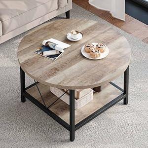 YITAHOME Round Coffee Table, Rustic Wood Coffee Tables for Living Room, Farmhouse Circle Coffee Table with 2-Tier Storage, Center Table with Sturdy Metal Legs Storage Shelf, Grey Wash