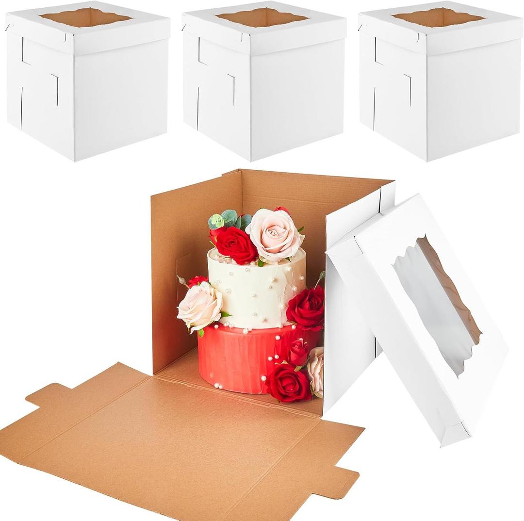 Kucoele 3 Pack 10 x 10 x 12 Inches Tall Cake Boxes with Window, White Tiered Cakes Boxes Disposable Bakery Boxes Layer Cake Carrier Cardboard Cake Container