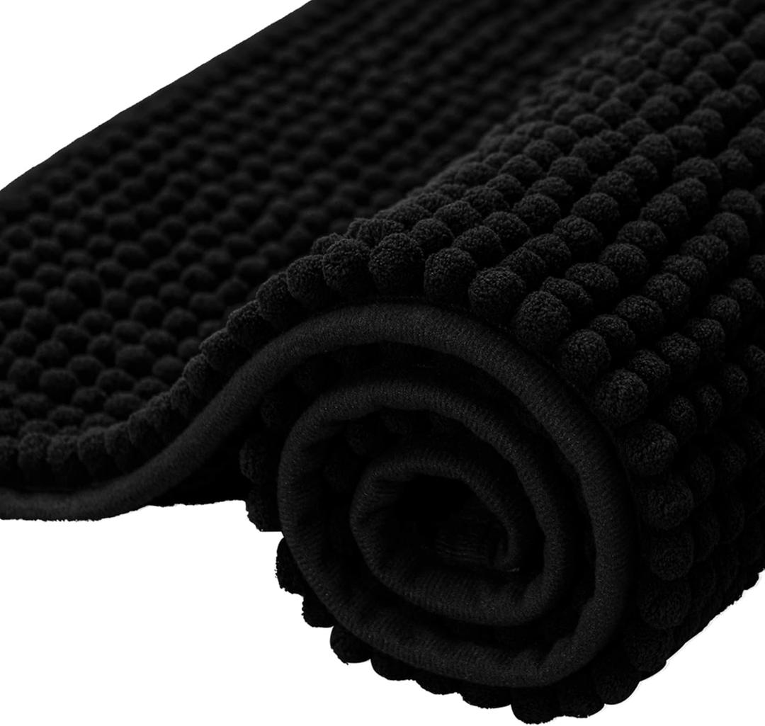 SUBRTEX Bathroom Rugs Chenille Bath Rug Soft Short Plush Bath Mat Soft Shower Mat Water Absorbent Shower Mat Quick Dry Machine Washable(Black,16" x 24")