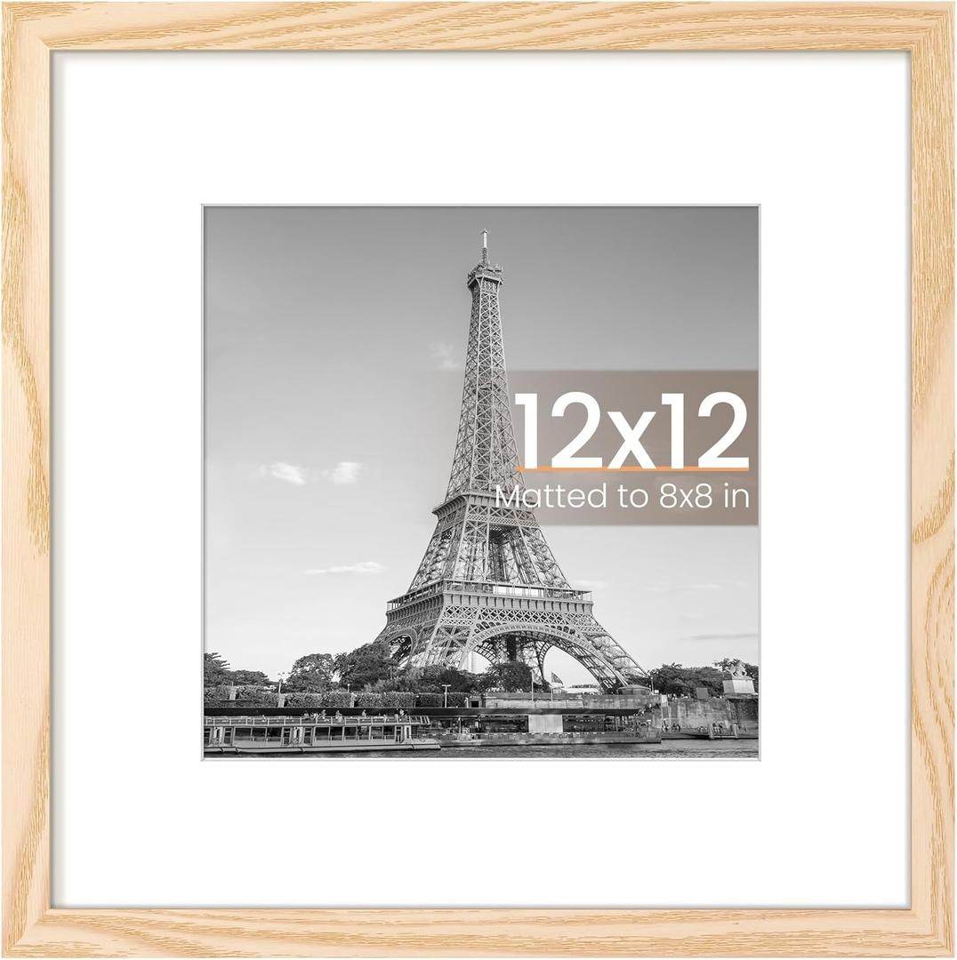 upsimples 12x12 Picture Frame, Display Pictures 8x8 with Mat or 12 x 12 Without, Wall Hanging Square Frames, Natural, 1 Pack