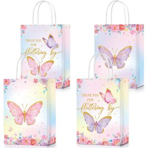 TaoBary 24 Pcs Butterfly Party Favors Gift Goodie Treat Candy Bags Thank You for Fluttering by Paper Bags with Handles for Girls Butterfly Birthday Party Supplies Baby Shower(Watercolor Style)