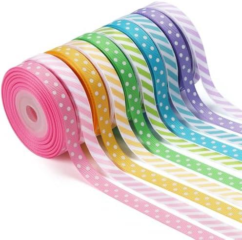 LaRibbons 3/8 Inch 100 Yards Grosgrain Ribbon Set 10 Yd/Roll 10 Rolls Striped and Polka Dot Spring Easter Craft Ribbon for Gift Wrapping Floral Bouquets Wedding Party Decoration