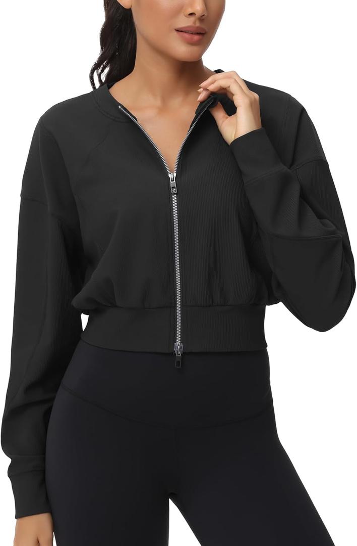 THE GYM PEOPLE Women's Cropped Jackets Full Zip Long Sleeve Ribbed Workout Sweatshirts Lightweight Casual Tops (X-Large, Black)