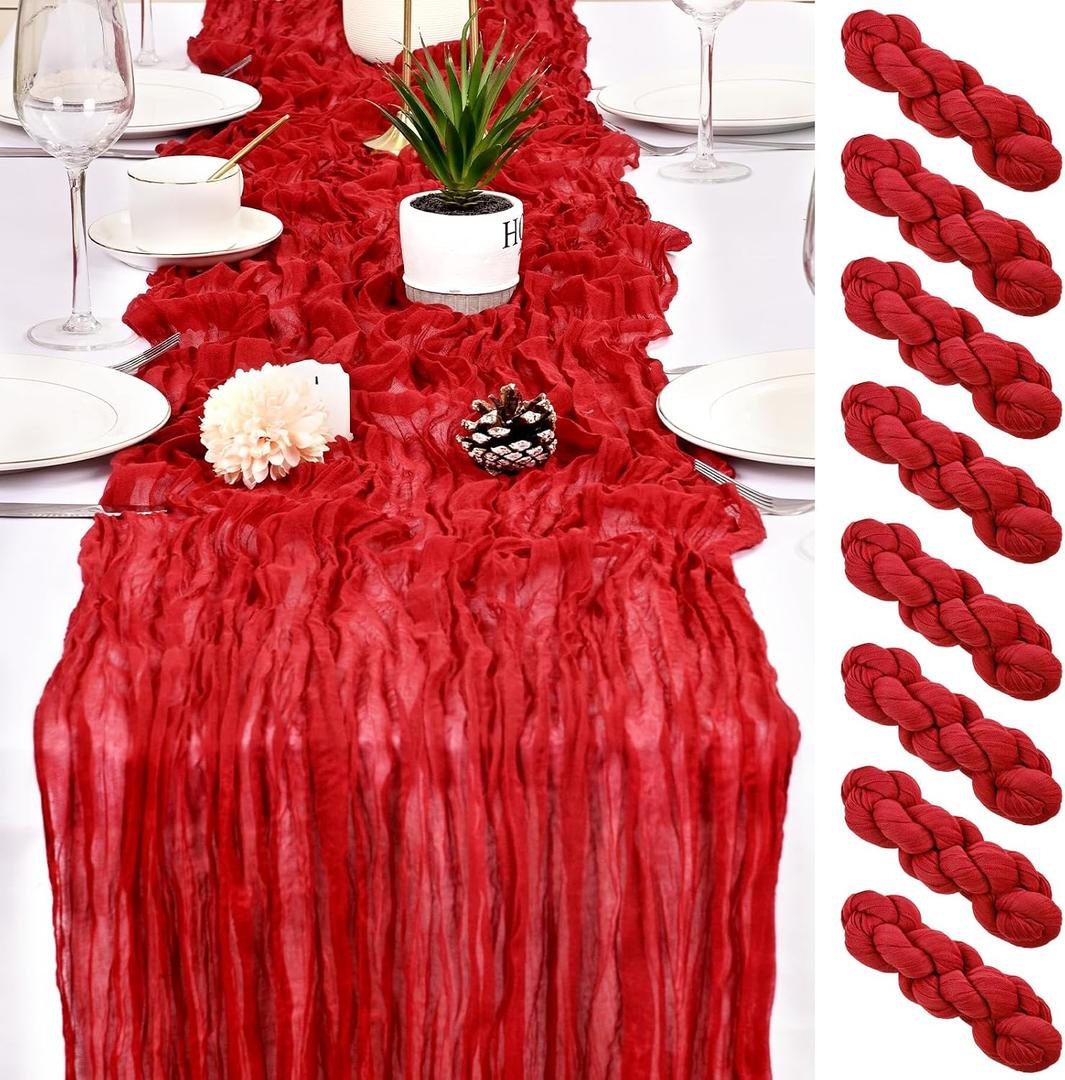 8 Pack Red Cheesecloth Table Runner 17x108 inch Boho Gauze Cheese Cloth Table Runners for Wedding Party Baby Bridal Shower Home Decor