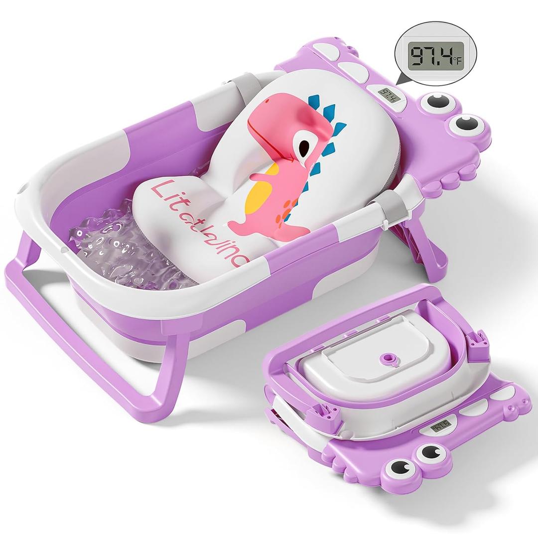 Collapsible Baby Bathtub for Newborn, Foldable Baby Bath Tub with Thermometer & Soft Floating Cushion & Drain Hole, Portable Travel Infant Bath Tubs for Newborns to Toddlers 0-36 Months Girls (Lavender)