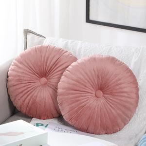 Namalu 2 Pcs Round Throw Pillow 13.8 Inch Decorative Round Velvet Floor Pillows Pumpkin Throw Pillows with Center Button for Thanksgiving Home Decor Living Room Sofa Couch Bed Chair (Pink)
