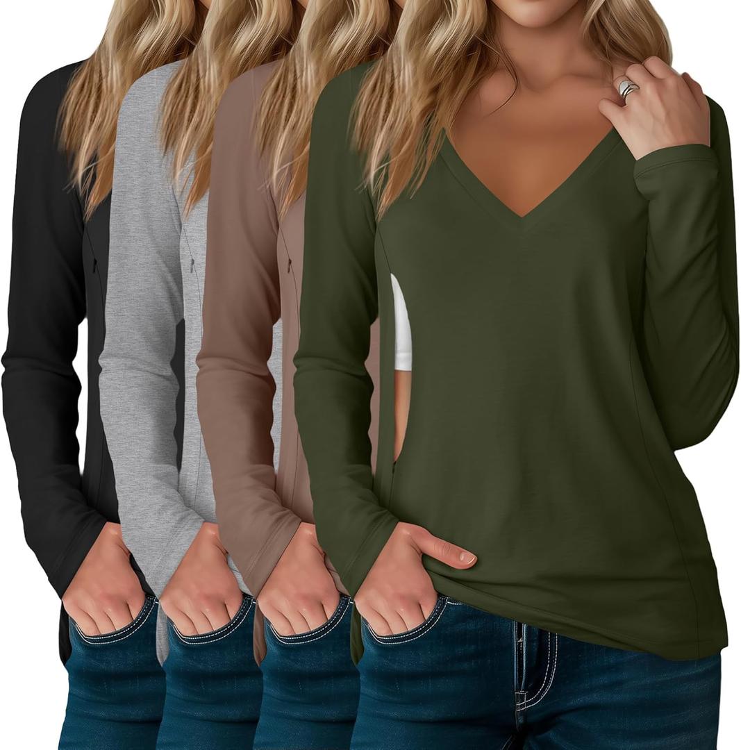 Sweetyweee 4 Pack Women's Long Sleeve Nursing Shirts with Hidden Zipper V Neck Breastfeeding Clothes Maternity Loose Fit Tops(Black, Light Gray, Mocha, Army Green, Small)