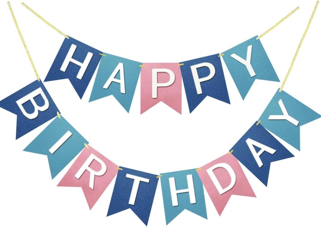 Pink Blue Happy Birthday Banner Theme Party Supplies Handmade Pre-Strung Garland Decorations Birthday Exquisite Signs Nursery Hanging Decor 13pcs