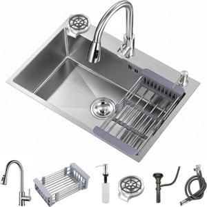 Stainless Steel Kitchen Sink with Faucet, Single Bowl Top Mount/Drop-In 3 Hole Single Bowl Workstation Sink with Cup Washer, Soap Dispenser, Drainage kit for Bar, Kitchen, Balcony (33 * 19in)