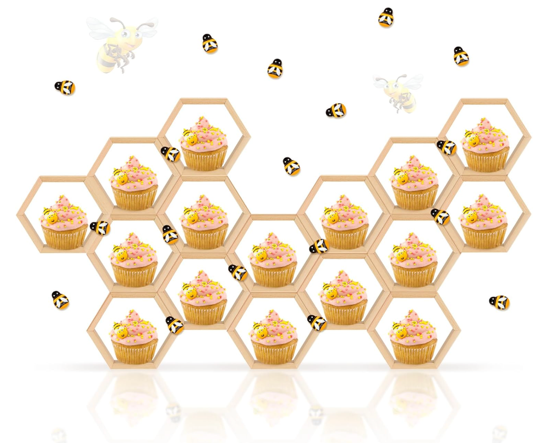 FairySandy 12 Pcs Mini Honeycomb Cupcake Stand Cake Farmhouse Hexagon Display Holder Hexagonal Wood Cupcake Stand Floating Table Sign with 50 Tiny Wooden Bee for Baby Shower (Wood Color)