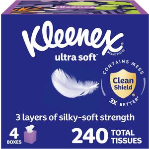 Kleenex Ultra Soft Facial Tissues, 4 Cube Boxes, 60 Tissues per Box, 3-Ply (240 Total)
