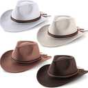 Chuarry 4 Pcs Felt Cowboy Hats for Women Men Wide Brim Western Cowgirl Hats Panama Hat for Adults Costume Outdoor(Coffee, Khaki, Beige, White), One Size