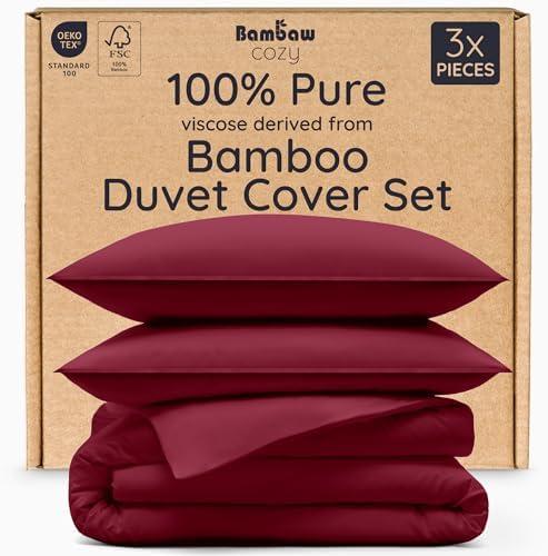 Bambaw 100% Viscose Derived from Bamboo Duvet Cover Queen Size – 3 pcs Luxury Duvet Cover Queen Cooling Set, Soft Duvet Cover Queen Size Set, Breathable Duvet Cover, No Comforter (Burgundy)