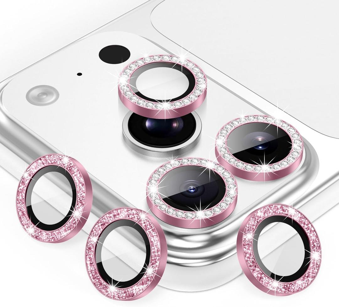 AGVEE 3+3 6 Pack for iPhone 17 Pro 6.3" / 17 Pro Max 6.9" Camera Lens Protector, Bling Diamond & Bling Glitter Metal Ring 9H Tempered HD Glass Camera Cover Film, Bling-Pink