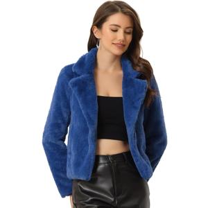 Allegra K Women's Cropped Faux Fur Jacket Lapel Cardigan Shrug 2024 Winter Fluffy Faux Fur Coat (Large, Royal Blue)