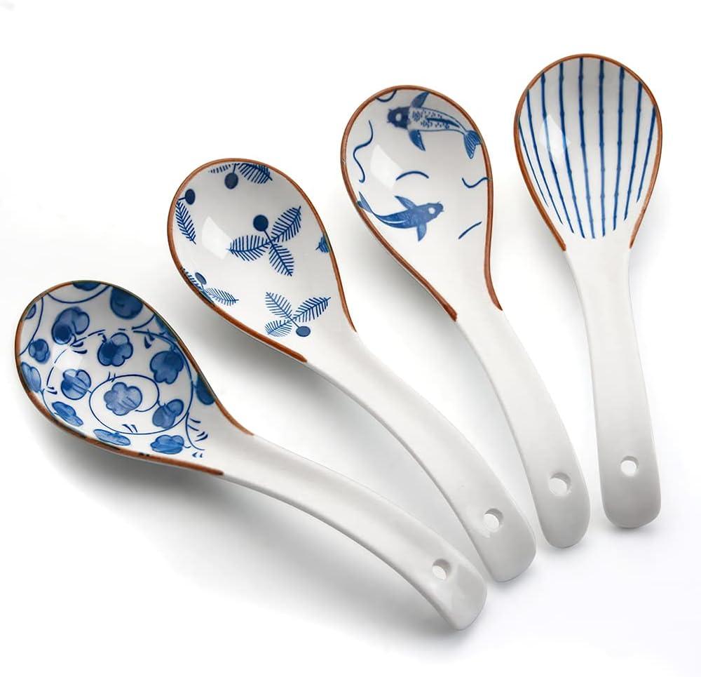 IQCWOOD Ceramic Asian Soup Spoons, Blue and White Japanese Spoon for Soup Rice Ramen Pho Wonton Dumpling Miso, Deep Oval Hook Design, Gifts for Friends Parents Family (Brown)