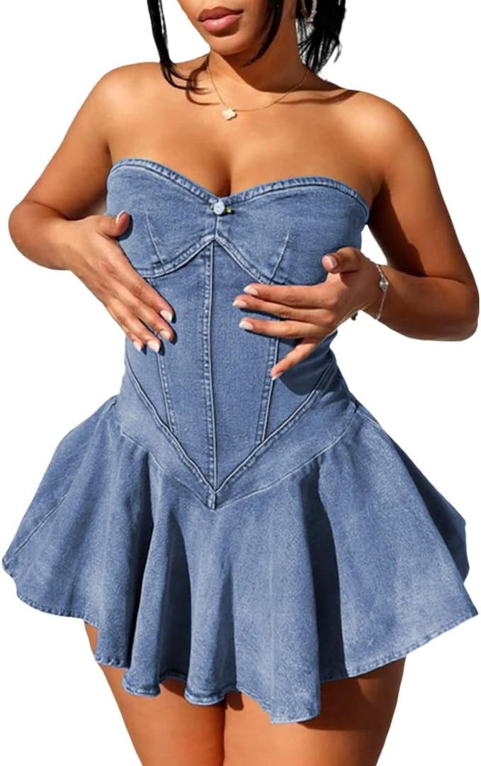 Women's Summer Strapless Denim Mini Dress with A-Line Design and Plated Bustier Corset (Light Blue). Size XL