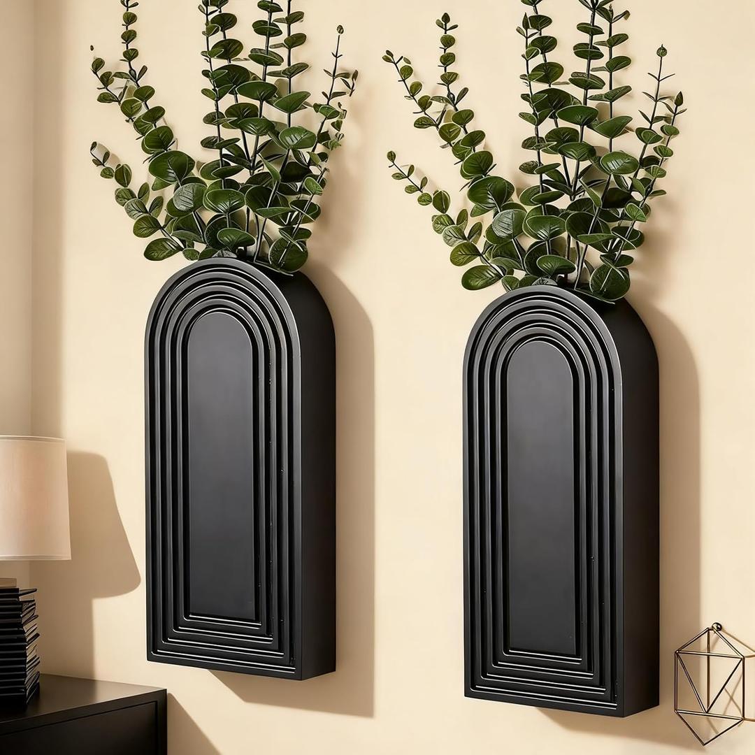 2 Pack Wooden Wall Vase Set, Boho Hanging Planter for Indoor Plants & Flowers, Wood Wall-Mounted Planters for Living Room, Modern Farmhouse Entryway or Bathroom, Rustic Art for Home (Black)