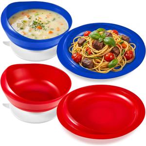 Hushee 2 Sets Adaptive Spill Proof Scoop Bowl and Plate Set with Suction Base Non Skid Self Feed Suction Dinnerware for Elderly Disabled Handicapped from Parkinsons Tremor (Red and Blue)