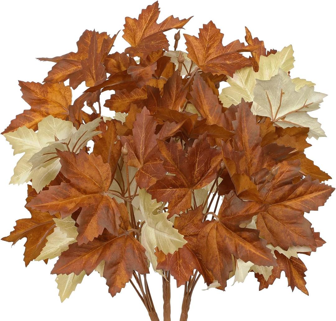 Hollyone 3Pcs Artificial Maple Leaves Short Branches Fall Greenery Branch Fake Leaves Stems Plants Faux Maple Shrubs Leaf Bushes Centerpieces Autumn Halloween Festival Party Decorations Fall Yellow (Orange)