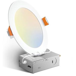 1 Pack 6 Inch 5CCT Ultra-Thin LED Recessed Ceiling Light with Junction Box, 2700K/3000K/3500K/4000K/5000K Selectable, 12W Eqv 110W 1050LM Brightness Dimmable Canless Wafer Downlight, ETL & FCC